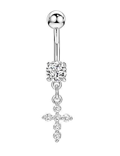 Belly Button Ring Dangle, Cross Belly Button Ring, Navel Piercing | 316L Surgical Steel, AAA+ Cubic Zirconia, Nickel-Free, Hypoallergenic, Multi-Style, 14 Gauge 10 mm Screw On Piercing Stud - style: Zircon Cross