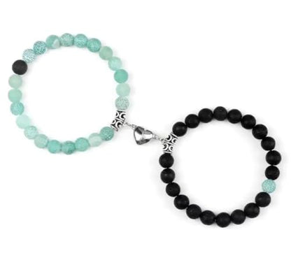 Set Of 2 Couples Bracelet Magnetic Healing Natural Bead Stone Stretch Bracelet Unisex Anniversary, Friendship, Valentine, Christmas Gift - color: Lava+Green Weathered, style: Without Giftbox