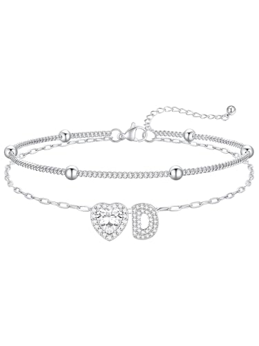 FaithHeart Waterproof Initial Ankle Bracelets for Women, Initial Anklets with Heart CZ Stainless Steel Layered Letter A-Z Anklet No Tarnish Ankle Jewelry - color: Silver, size: Initial D
