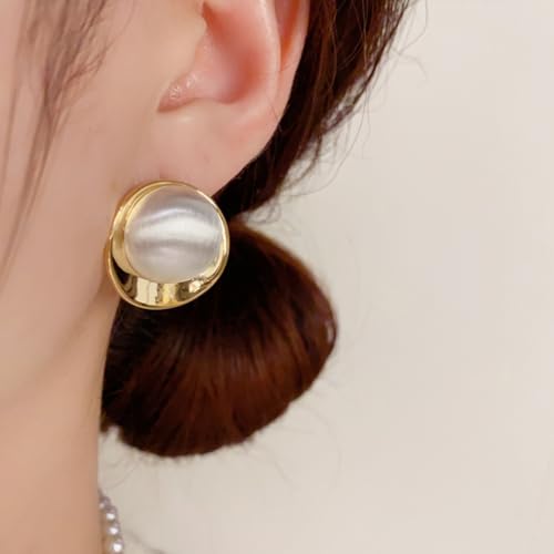 Geometric Chunky Stud Earrings for Women,Thick Brashed Matte Brass Metal Lightweight Dainty Trendy Statement Two-Tone Jewelry Earrings - color: White