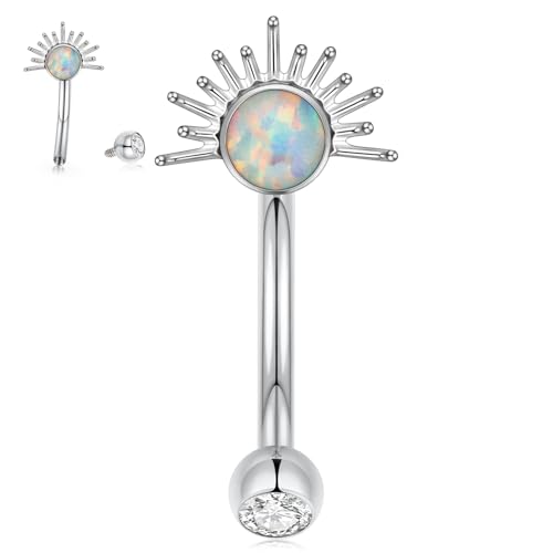 PEAKLINK G23 Titanium Eyebrow Ring 16G Opal Rook Daith Piercing Jewelry Internal Threaded Curved Barbell Vertical Labret Lip Jewelry Small Belly Button Ring - color: Silver with White Opal