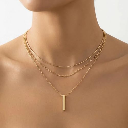 Bohemian Layered Necklace for Women – 3-Layer Dainty Stacked Pendant Necklace with Snake Chain, Ribbed Chain & O-Chain, Trendy Multi-Strand Gold Jewelry for Everyday Casual, Party & Vacation