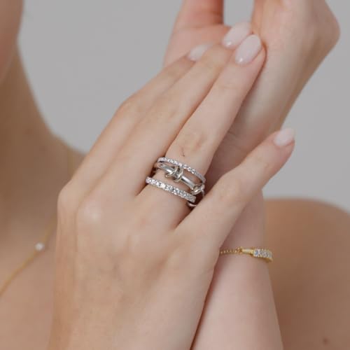 MINDDHA 14K Gold Plated Interlocked Stackable Rings for Women - Statement Multi Ring Stack - Cubic Zirconia Two-Toned Stackable Bands Stacking Jewelry 3 Row Size 4-12 - color: Thin Band&CZ Silver