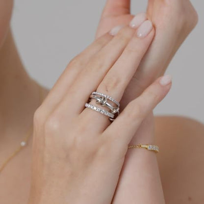 MINDDHA 14K Gold Plated Interlocked Stackable Rings for Women - Statement Multi Ring Stack - Cubic Zirconia Two-Toned Stackable Bands Stacking Jewelry 3 Row Size 4-12 - color: Thin Band&CZ Silver