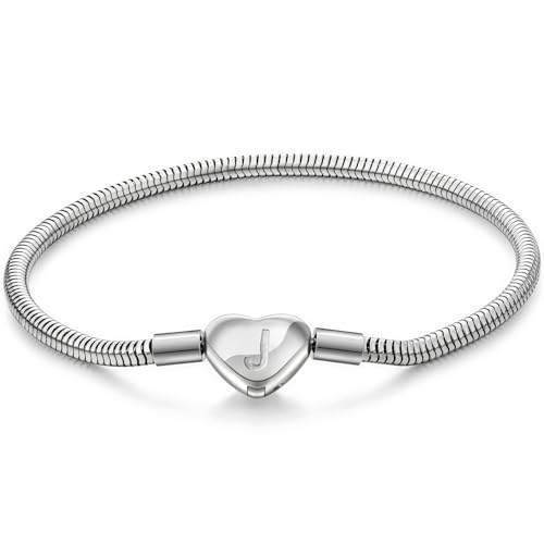 Initial Bracelet Heart Clasp Stainless Steel Snake Chain Alphabet Letter Charm Gift for Women Mom Girlfriend Wife - style: J
