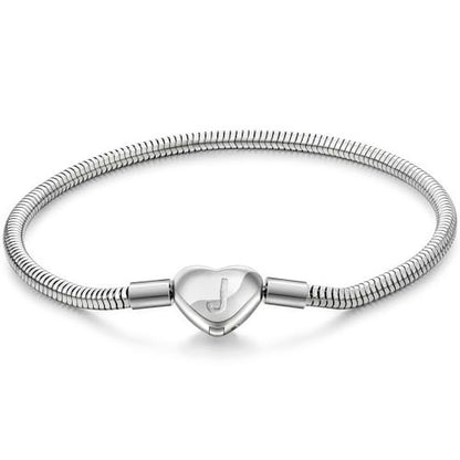 Initial Bracelet Heart Clasp Stainless Steel Snake Chain Alphabet Letter Charm Gift for Women Mom Girlfriend Wife - style: J