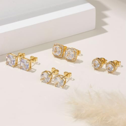 Cubic Zirconia Stud Earrings for Women Men 14K Gold-Plated Halo Stud Earrings Hypoallergenic Earrings CZ Halo Stud Earrings for Sensitive Ears - style: B-GOLDEN