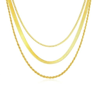 18K Gold Plated Necklace Bracelet Set Womens Stackable Adjustable Stainless Steel Minimalist Modern Everyday Jewelry Gift Gold and Silver - style: 3 Pcs Gold Necklaces