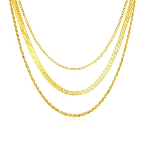 18K Gold Plated Necklace Bracelet Set Womens Stackable Adjustable Stainless Steel Minimalist Modern Everyday Jewelry Gift Gold and Silver - style: 3 Pcs Gold Necklaces