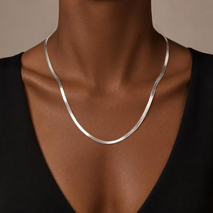 WomenGifts 14K Gold Silver Plated Herringbone Necklace for Women, Dainty Snake Chain Choker, Trendy Simple Long Layered Jewelry Non Tarnish, 3/4/5/8mm,14,16,18,20,22,24,26 Inch Thin & Chunky Options - color: Silver, style: 3mm-22inch