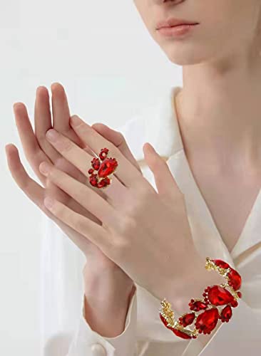 Women's Wedding Bridal Austrian Crystal Glass Teardrop Statement Necklace Dangle Earrings Bracelet Ring Wedding Party Jewelry Set for Bridal Bridesmaid - color: Red-Gold Plated
