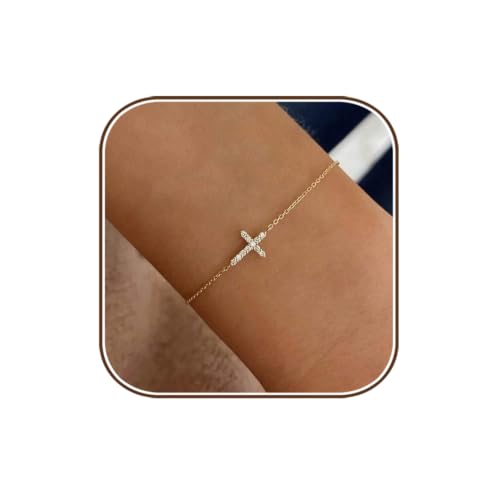 Gold Bracelets for Women:Dainty Cross Christian Bracelets Gold Jewelry | 14K Gold Plated Cross Bracelets for Women,Adjustable Cute Christian Cross Chain Bracelet,Non Tarnish Jewelry Baptism Gifts