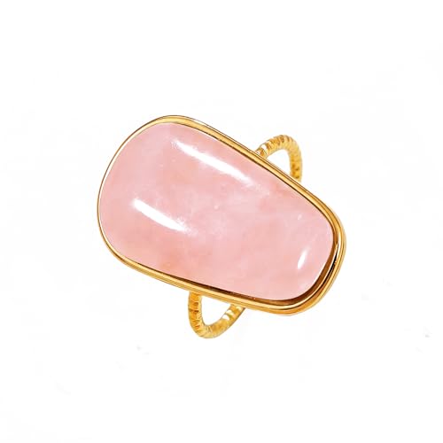 OIDIMS Gemstone Statement Ring for Women Gold-Tone Stainless Steel Natural Stone Rose Quartz Aventurine Turquoise Adjustable Open Band Stacking Finger Rings Boho Cocktail Wedding Party Jewelry - color: Pink