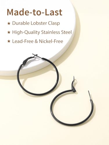 FindChic Thin Hoop Earrings for Women,Silver/Black/Gold Plated 20-100mm - color: Black, size: 40mm