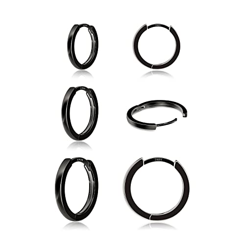 3 Pairs 925 Sterling Silver Hoop Earrings 14K White Gold Plated Small Silver Hoops Cartilage Huggie Earrings for Women Men - color: D-Black 8/10/12mm