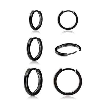 3 Pairs 925 Sterling Silver Small Huggie Hoop Earrings for Women Men | 14K White Gold Plated, Hypoallergenic, Small Silver Hoops - color: D-Black 8/10/12mm
