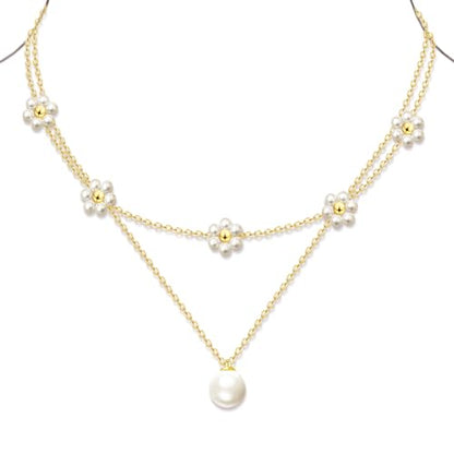 OGD Gold Pearl Necklace Set for Women 14K Plated Layered Daisy Choker Gift - color: Gold Daisy Pearl-2PCS