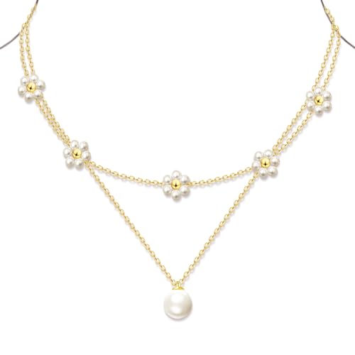OGD Gold Pearl Necklace Set for Women 14K Plated Layered Daisy Choker Gift - color: Gold Daisy Pearl-2PCS