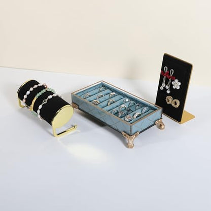 velvet slots Ring holder for jewelry organizer, Earring ring display stand for selling, felt ring jewelry holder tray showcase【Velvet slots Ring Holder-Light blue】 - color: Light blue