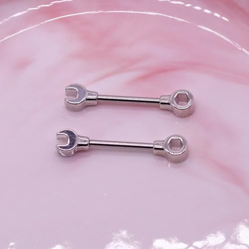 14G Wrench Barbell Nipple Ring 316L Anchor and Rudder Nipple Barbell Screw Nipple Rings Body Piercing Jewelry for Women Men - color: Silver-Wrench