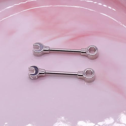 14G Wrench Barbell Nipple Ring 316L Anchor and Rudder Nipple Barbell Screw Nipple Rings Body Piercing Jewelry for Women Men - color: Silver-Wrench