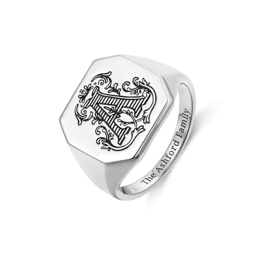callie Custom Signet Ring - Engraved Text & Photo, Personalized Family Crest Coat Of Arms Rings, 925 Sterling Silver/Brass | Father's Day Jewelry Gifts for Men & Women - color: Initial+Octagonal