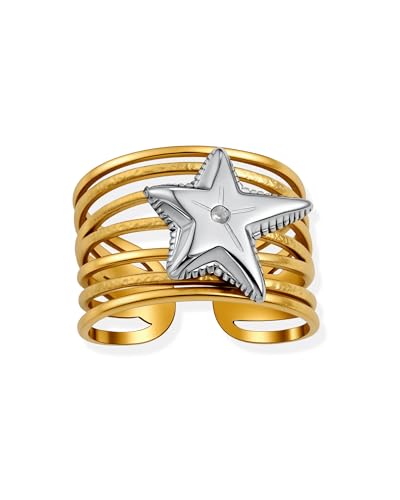 Two Tone Star Mixed Metal Hammered Band Statement Chunky Silver and Gold Adjustable Rings for Women