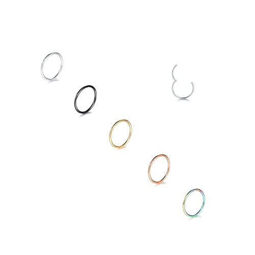 Aumeo 14G 16G 18G 20G Nose Ring Hoop Stainless Steel Hinged Segment Rings Hoops Nose Clicker Ring Tragus Helix Cartilage Daith Rook Earring Piercing Jewelry for Women Men - style: 5pcs 20g 6mm mixed colors