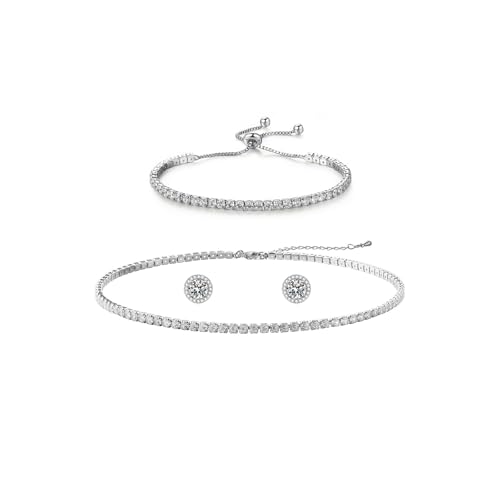 Silver Tennis Necklace and Bracelet Set for Women Wedding Jewelry Sets for Brides Earrings Prom Bridesmaid Jewelry - color: Silver01