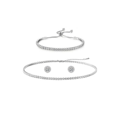 Silver Tennis Necklace and Bracelet Set for Women Wedding Jewelry Sets for Brides Earrings Prom Bridesmaid Jewelry - color: Silver01