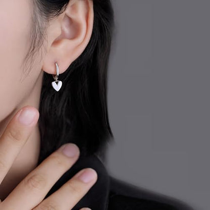 Reffeer Solid 925 Sterling Silver Small Love Heart Drop Earrings Hoop for Women Teen Girls Heart Hoop Earrings Huggie - color: A-Silver
