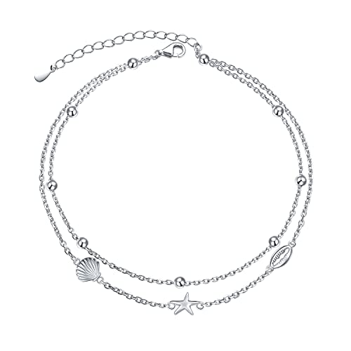Flyow Anklet for Women S925 Sterling Silver Adjustable Foot Beaded Heart Charm Ankle Bracelet Anklets Jewelry - style: Conch Starfish Shell