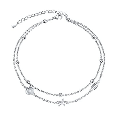 Flyow Anklet for Women S925 Sterling Silver Adjustable Foot Beaded Heart Charm Ankle Bracelet Anklets Jewelry - style: Conch Starfish Shell