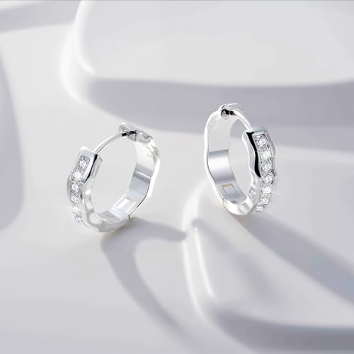 Silver Hoop Earrings, Small Chunky Silver Shiny Cubic Zirconia Twisted Hoop Earrings for Women Trendy Hypoallergenic Lightweight Thick Wave Huggie Earing Jewelry for Women Gifts in Box - color: Sliver