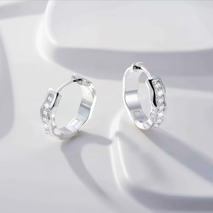 Silver Hoop Earrings, Small Chunky Silver Shiny Cubic Zirconia Twisted Hoop Earrings for Women Trendy Hypoallergenic Lightweight Thick Wave Huggie Earing Jewelry for Women Gifts in Box - color: Sliver