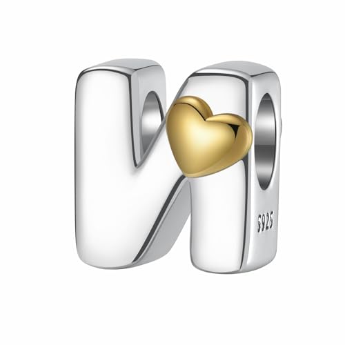 A~Z Alphabet Charm Letter Beads 925 Sterling Silver with Heart-shaped 5A Cubic Zircon Stones fits Pandora European Bracelets Necklace Jewelry Gift for Women - style: N Letter Charms