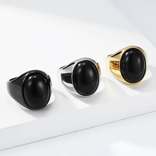 PAURO Men's Stainless Steel Oval Gemstone Signet Rings Minimalist Polish Plain Wedding Band - color: Black Plated Black
