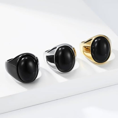 PAURO Men's Stainless Steel Oval Gemstone Signet Rings Minimalist Polish Plain Wedding Band - color: Black Plated Black
