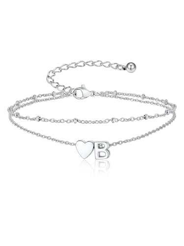 Suplight Initial Ankle Bracelets for Women 14K Gold Plate Waterproof No Tarnish Anklets Layered Heart Letter Anklet Adjustable Plus Size Foot Chain Summer Beach Boho Jewelry Silver Black 8.5-10 Inch - color: Silver, style: 2.B