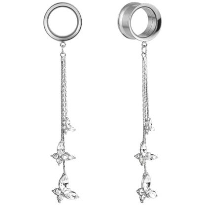 DOEARKO 2PCS New Butterfly-Pendant Hypoallergenic Stainless Steel Dangle Ear Plugs Tunnels Ear Gauges Stretcher Pair Selling 2g 0g Piercing Body Jewelry - color: #313 Silver, size: 6mm
