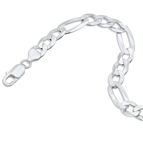 Aka Gioielli - Solid 925 Sterling Silver 9mm Diamond-Cut Figaro Link Chain - Bracelet for Men - Made in Italy