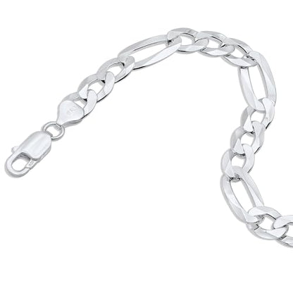 Aka Gioielli - Solid 925 Sterling Silver 9mm Diamond-Cut Figaro Link Chain - Bracelet for Men - Made in Italy