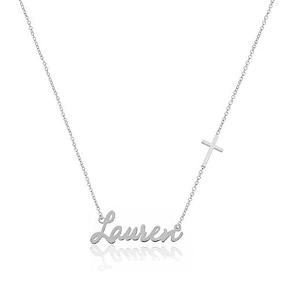 925 Sterling Silver Personalized Name Necklace with Cross Pendant Custom Made with Any Names - color: Silver