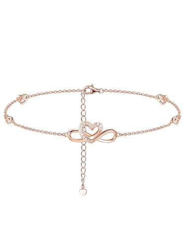 Moissanite Infinity Anklet for Women, Real Authentic 925 Sterling Silver Hypoallergenic, Beautiful Summer Jewelry, Dainty Ankle Bracelet, 8.6-10.6inch (21-26cm) Adjustable - color: Romantic Heart - Rose Gold