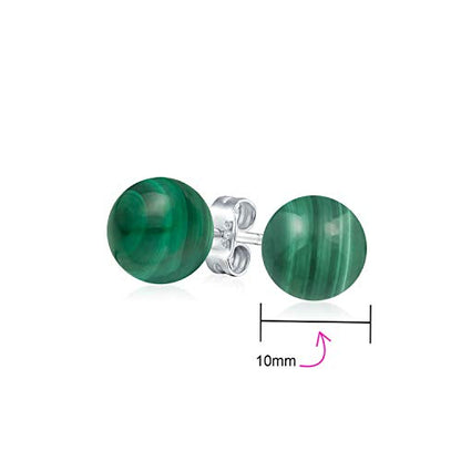 Classic Birthstones Gemstone 10MM Ball Stud Earrings .925 Sterling Silver - color: Green Malachite