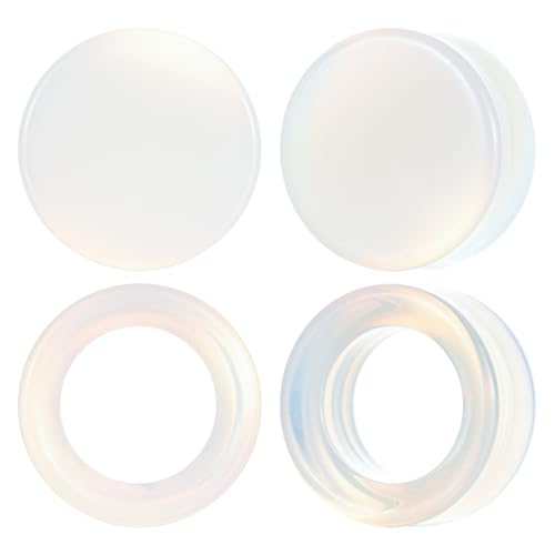 Opal Ear Gauges Set 4 Pcs Solid & Hollow Synthetic Stone Plugs | Icy blue opal stone, hypoallergenic for sensitive ears, double flare, sizes 00G to 1 inch, gift-ready black box with logo - size: Gauge=5/8"(16mm)
