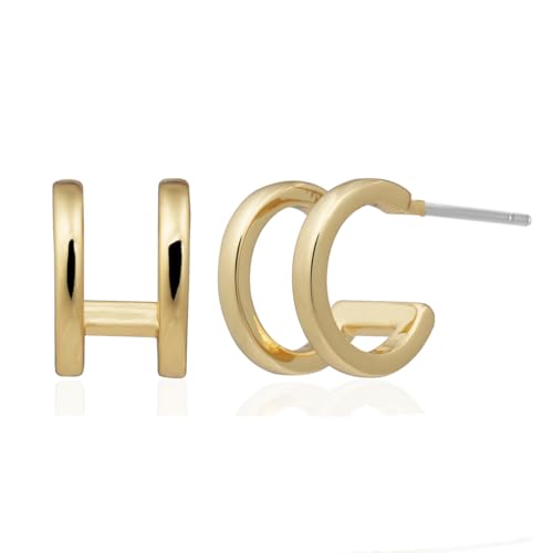 Obidos 14K Gold Plated Illusion Stud Earrings for Women | Triple Huggie Hoop Earrings for One Hole| Trendy Simple Hypoallergenic Fashion Accessories Gold Jewelry Gifts for Womens - color: Double Huggie Hoops