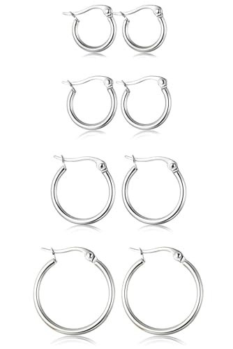 ORAZIO Stainless Steel Hoop Earrings Set Huggie Earrings for Women | Hypoallergenic Thin Small Non Tarnish Lightweight Dainty Trendy 10-20MM Women Stacks Multiple Piercing Jewelry Gift - style: Silver Plated,4 pairs