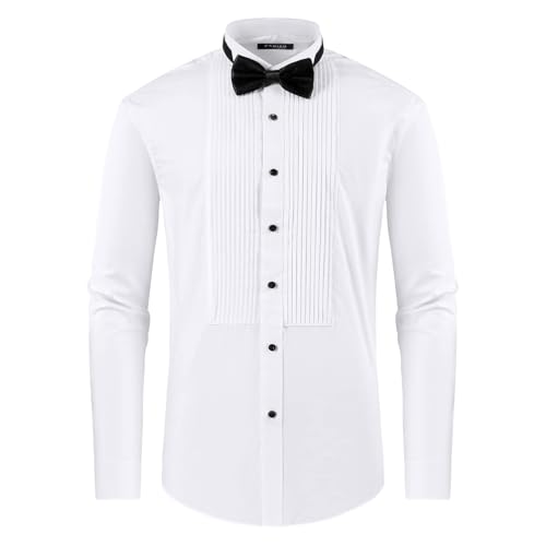 FAHIZO Men's White Tuxedo Shirt with Wing Collar, French Cuffs & Accessories - color: Bow Tie/White-a, size: Small