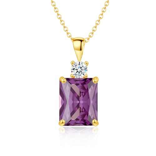 CiNily Rectangular Crystal Necklace for Women Trendy, Pendant Necklace with Chain 14K White Gold | Gold Plated Multicolor Birthstone Pendant Necklaces Boho Jewelry for Christmas Birthday Wedding - color: Gold-Purple cz
